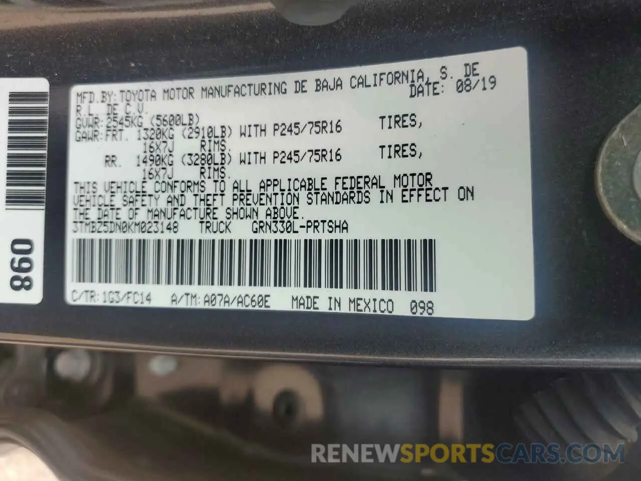 12 fotografías del automóvil dañado 3TMBZ5DN0KM023148 TOYOTA TACOMA 2019