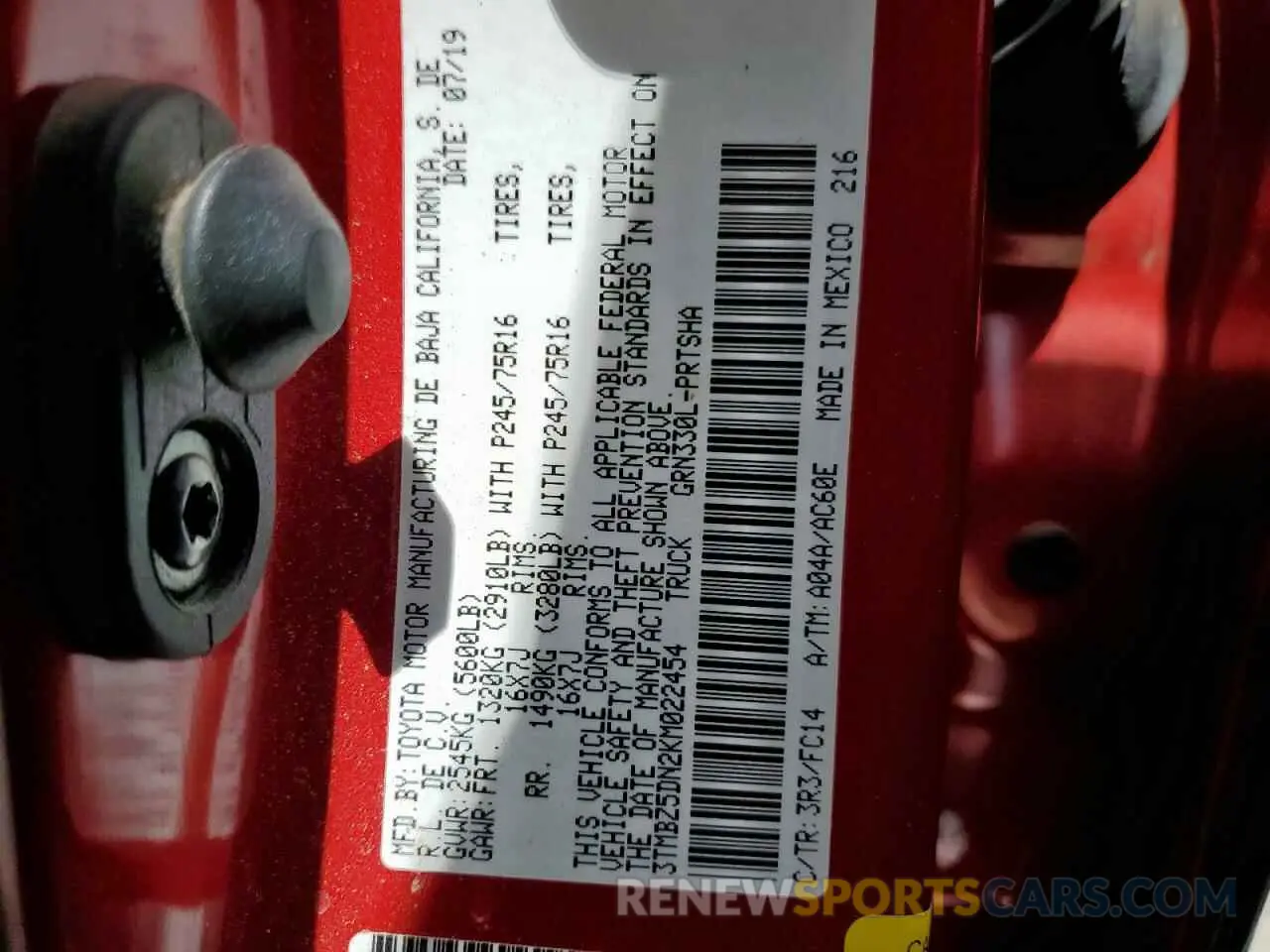 13 fotografías del automóvil dañado 3TMBZ5DN2KM022454 TOYOTA TACOMA 2019