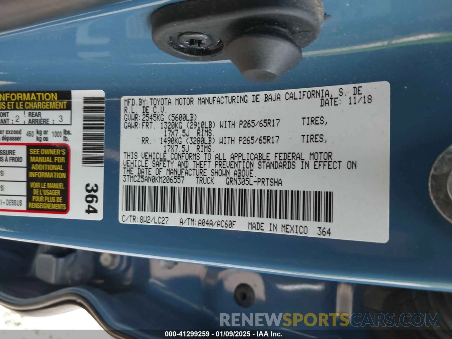 9 fotografías del automóvil dañado 3TMCZ5AN0KM206557 TOYOTA TACOMA 2019