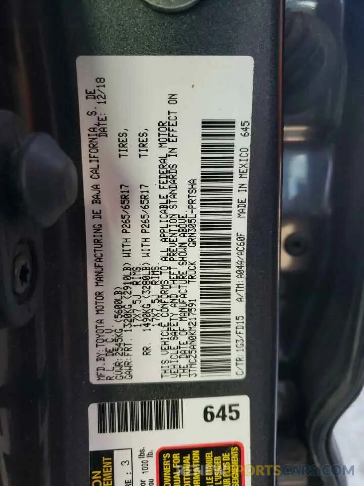 12 fotografías del automóvil dañado 3TMCZ5AN0KM217591 TOYOTA TACOMA 2019
