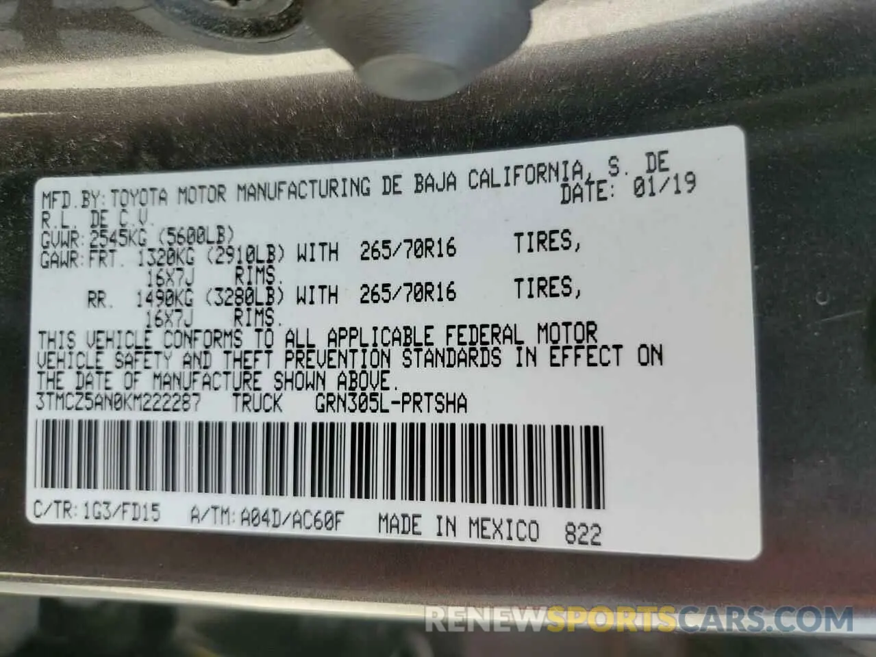 12 fotografías del automóvil dañado 3TMCZ5AN0KM222287 TOYOTA TACOMA 2019