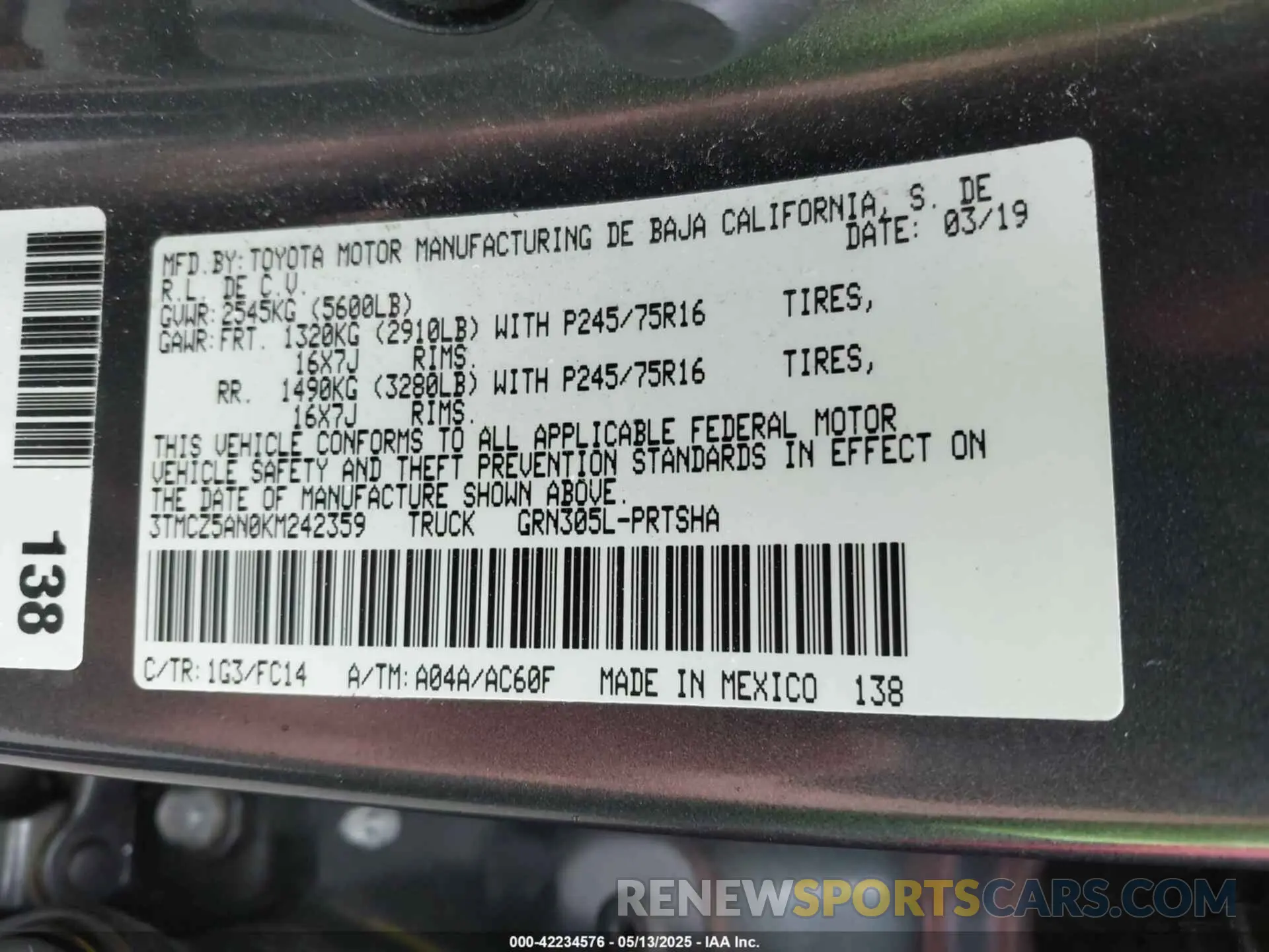 9 fotografías del automóvil dañado 3TMCZ5AN0KM242359 TOYOTA TACOMA 2019