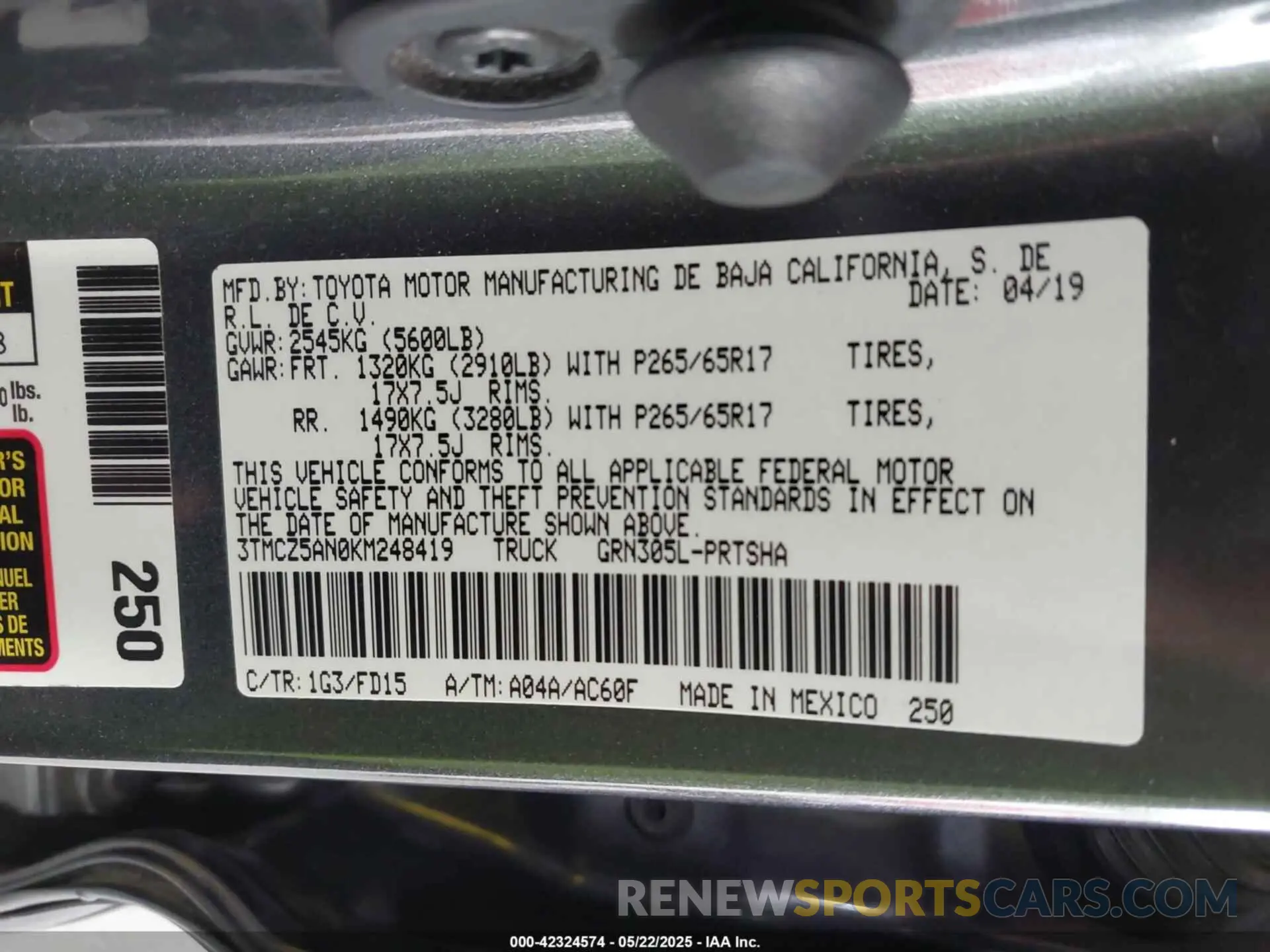 9 fotografías del automóvil dañado 3TMCZ5AN0KM248419 TOYOTA TACOMA 2019