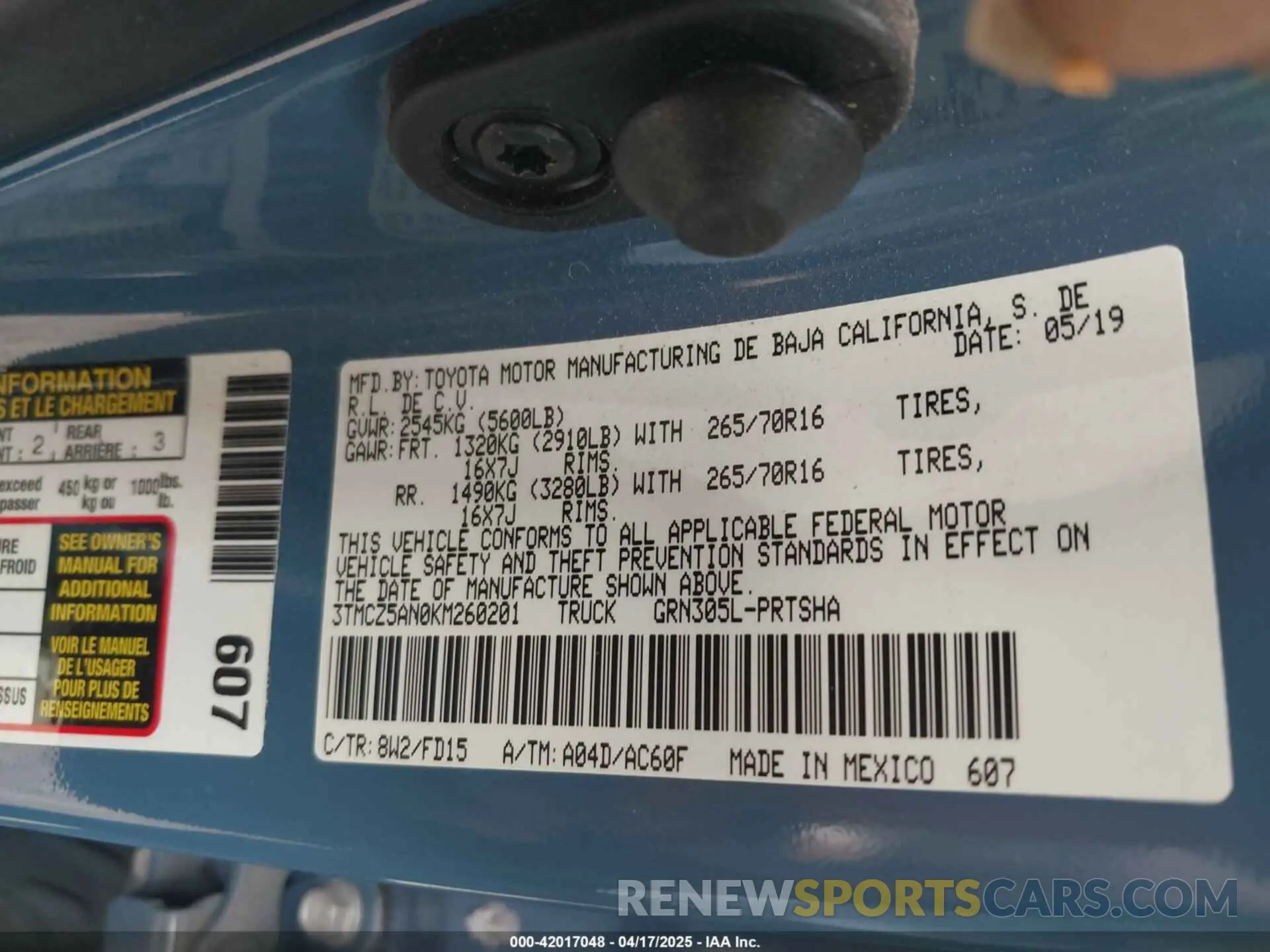9 fotografías del automóvil dañado 3TMCZ5AN0KM260201 TOYOTA TACOMA 2019