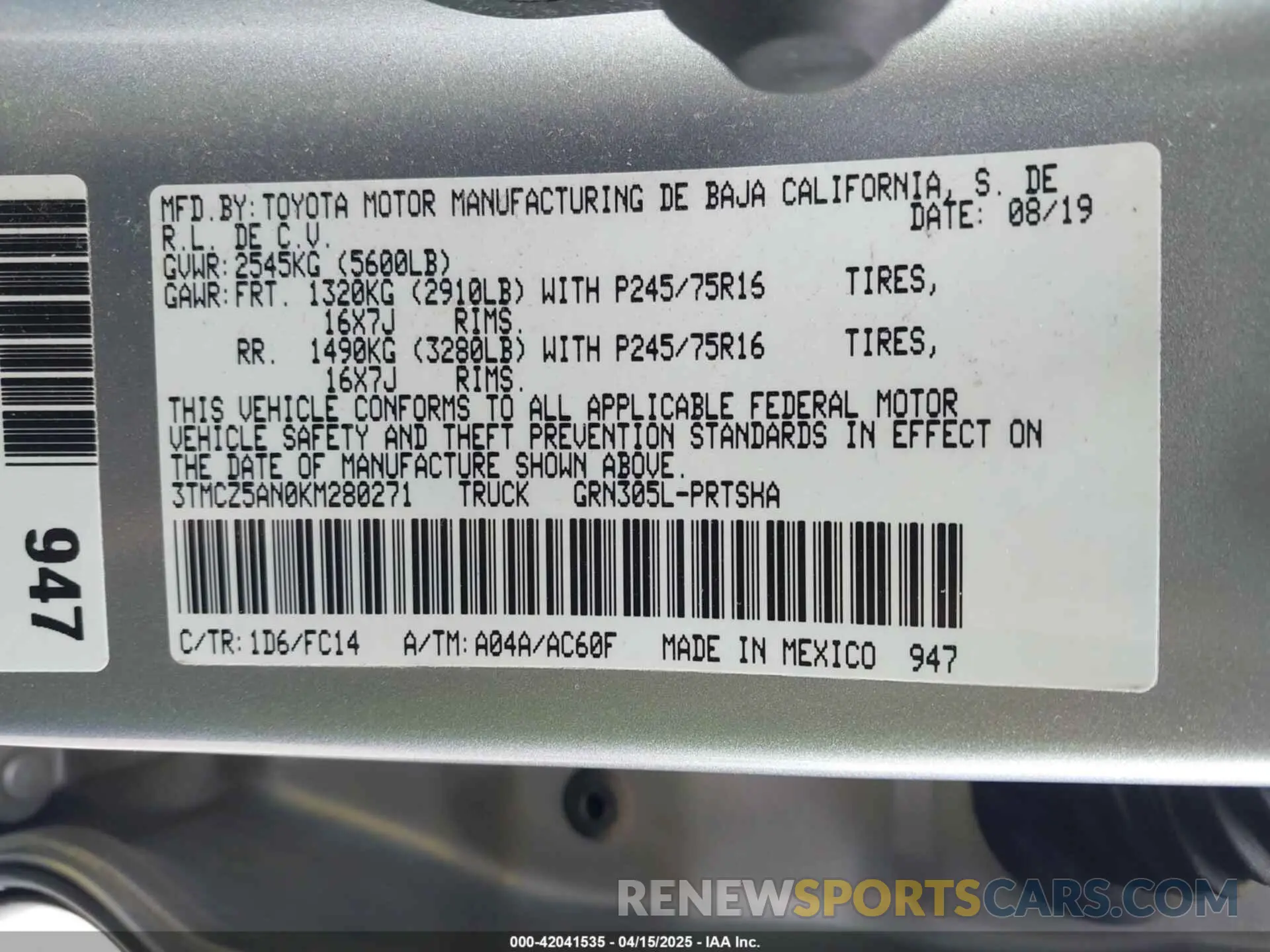 9 fotografías del automóvil dañado 3TMCZ5AN0KM280271 TOYOTA TACOMA 2019