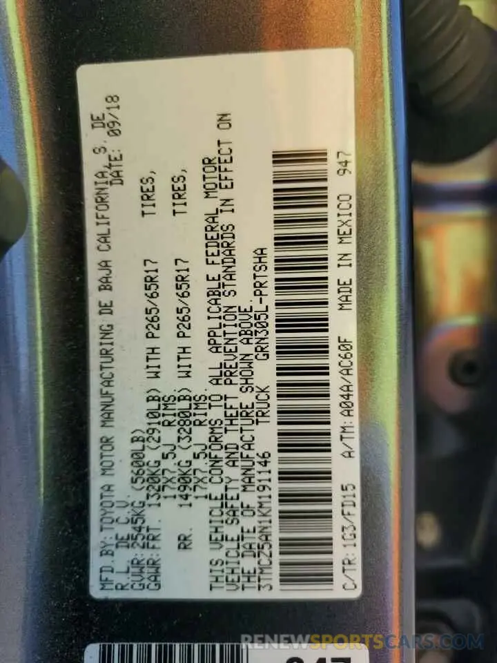 13 fotografías del automóvil dañado 3TMCZ5AN1KM191146 TOYOTA TACOMA 2019