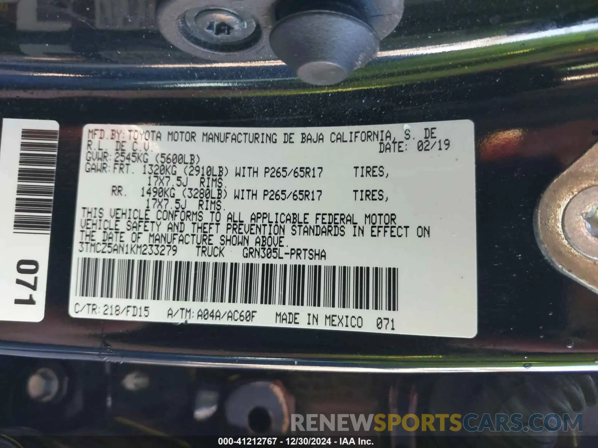 9 fotografías del automóvil dañado 3TMCZ5AN1KM233279 TOYOTA TACOMA 2019