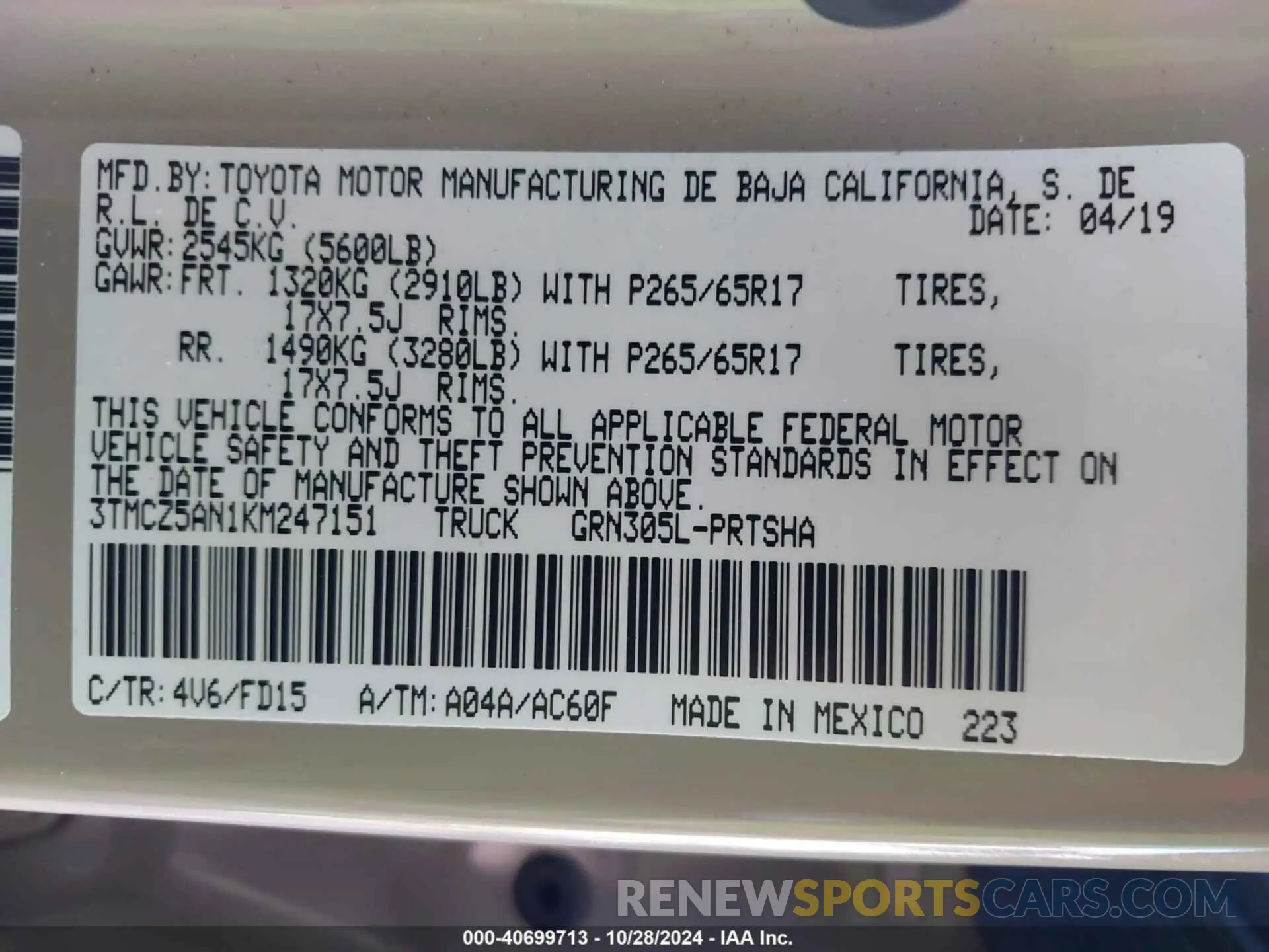 9 fotografías del automóvil dañado 3TMCZ5AN1KM247151 TOYOTA TACOMA 2019