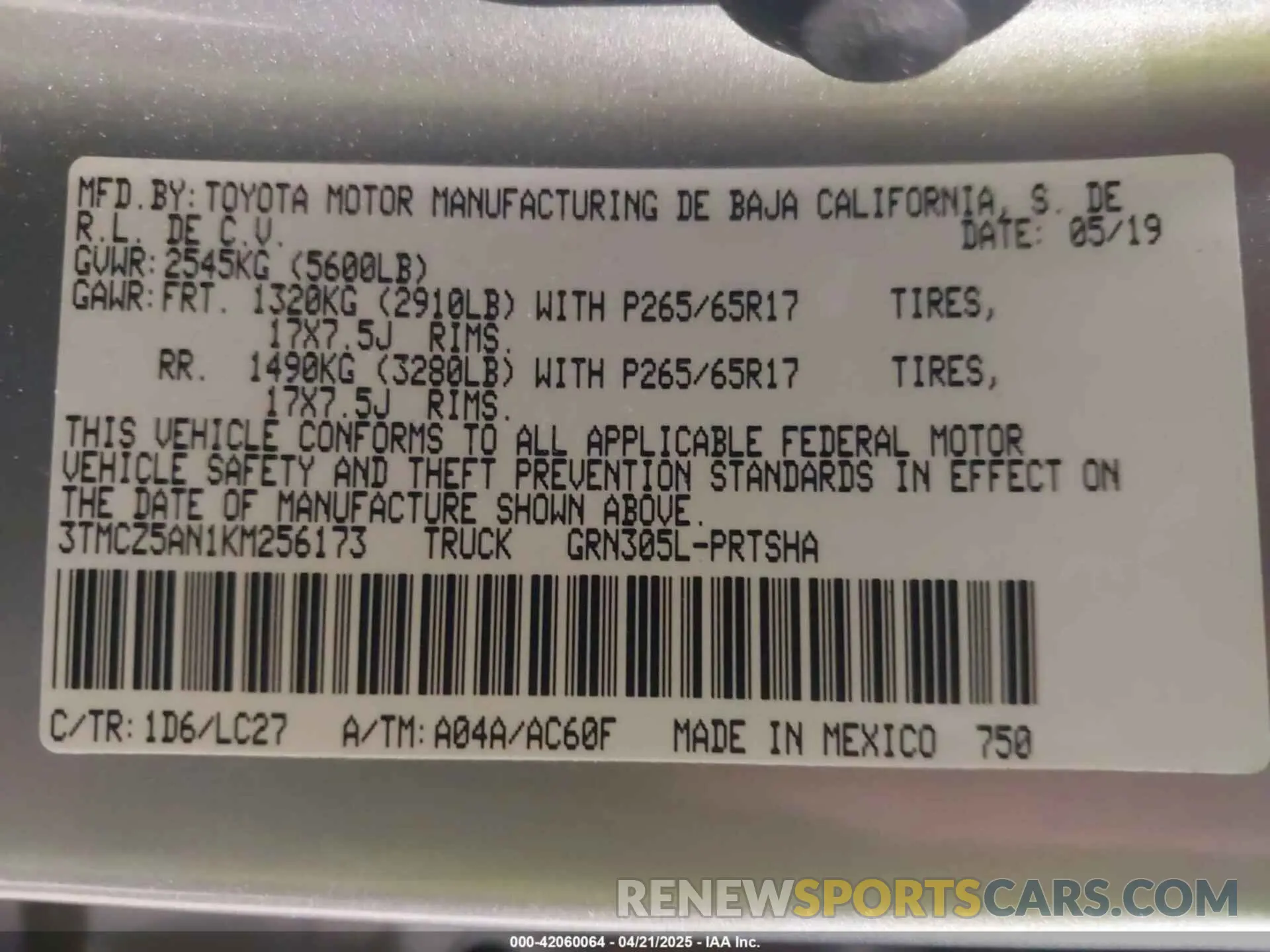 9 fotografías del automóvil dañado 3TMCZ5AN1KM256173 TOYOTA TACOMA 2019