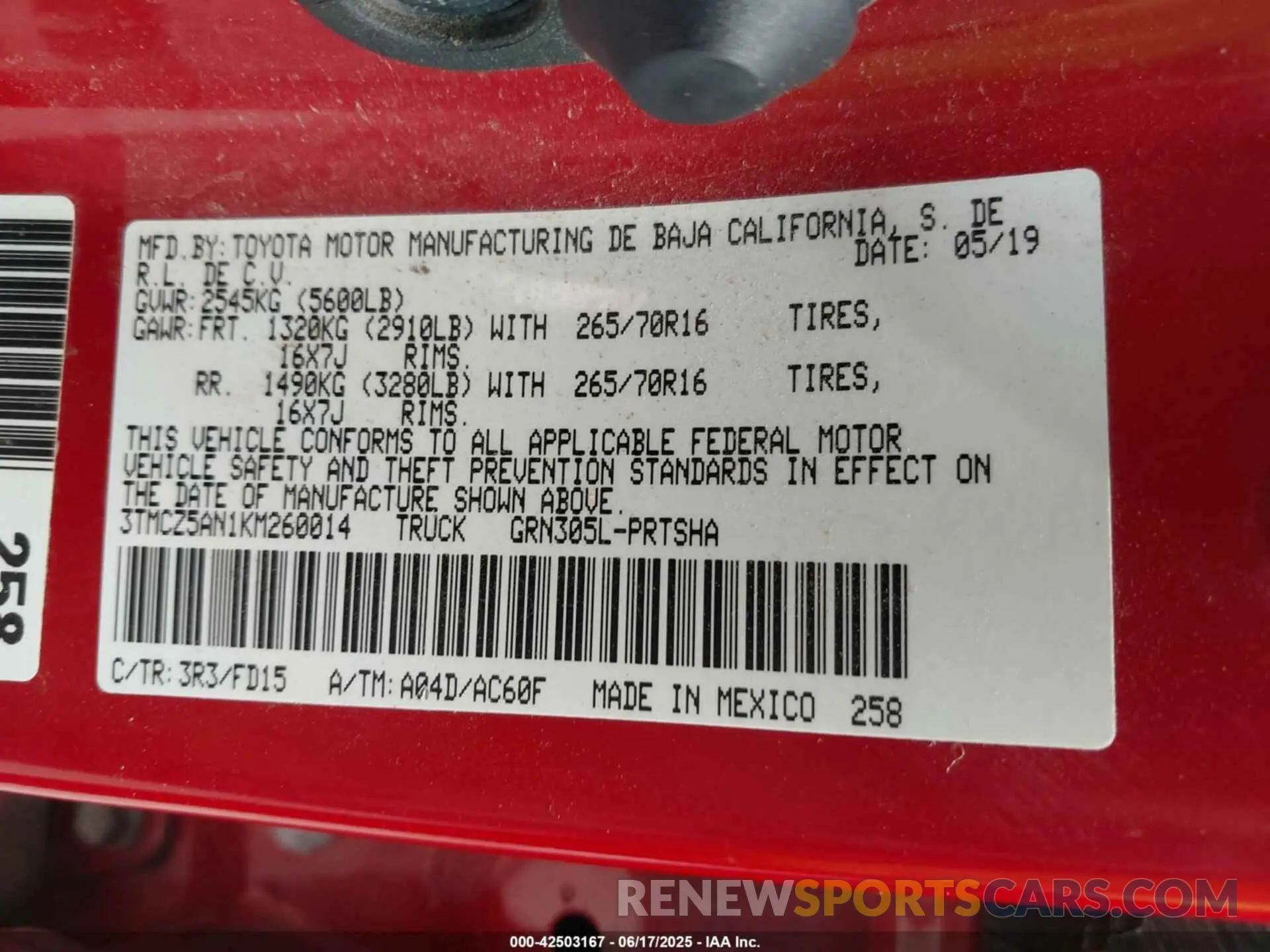 9 fotografías del automóvil dañado 3TMCZ5AN1KM260014 TOYOTA TACOMA 2019