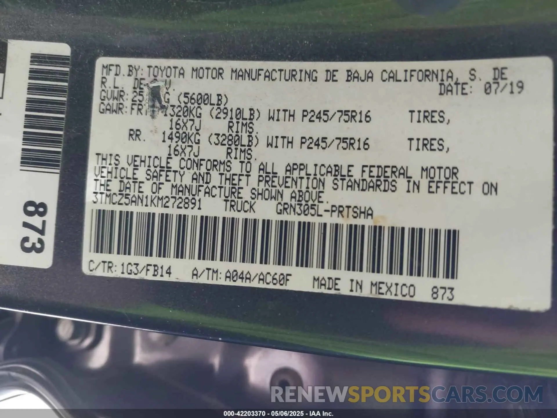 9 fotografías del automóvil dañado 3TMCZ5AN1KM272891 TOYOTA TACOMA 2019