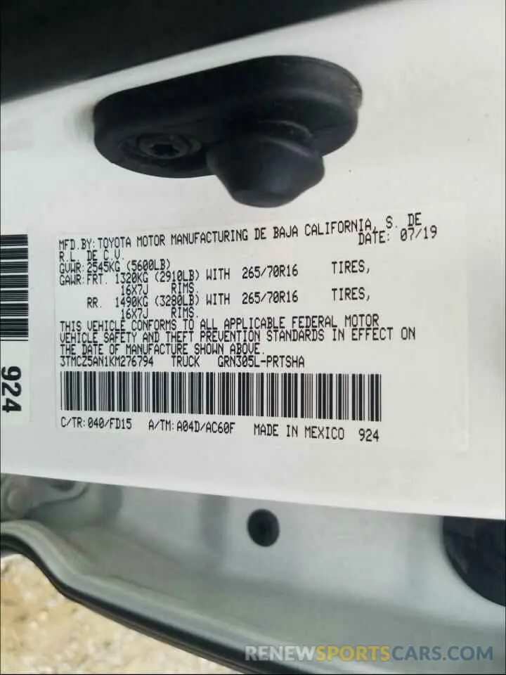 10 fotografías del automóvil dañado 3TMCZ5AN1KM276794 TOYOTA TACOMA 2019