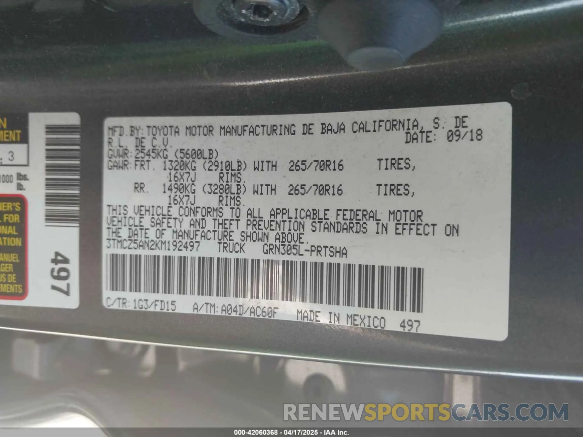 9 fotografías del automóvil dañado 3TMCZ5AN2KM192497 TOYOTA TACOMA 2019