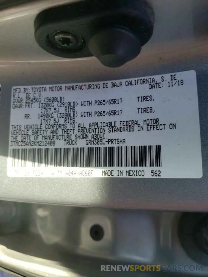 10 fotografías del automóvil dañado 3TMCZ5AN2KM212408 TOYOTA TACOMA 2019