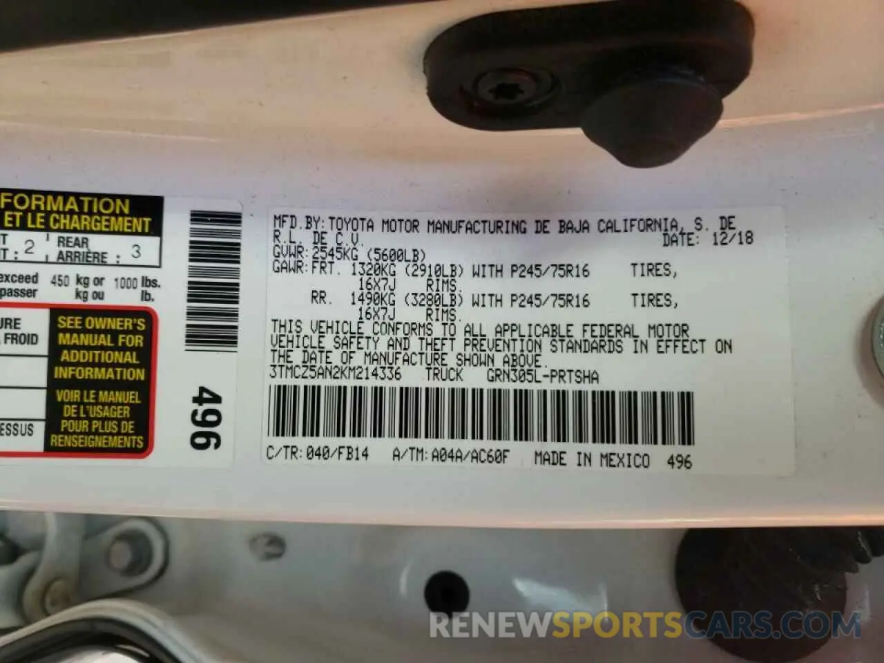 10 fotografías del automóvil dañado 3TMCZ5AN2KM214336 TOYOTA TACOMA 2019