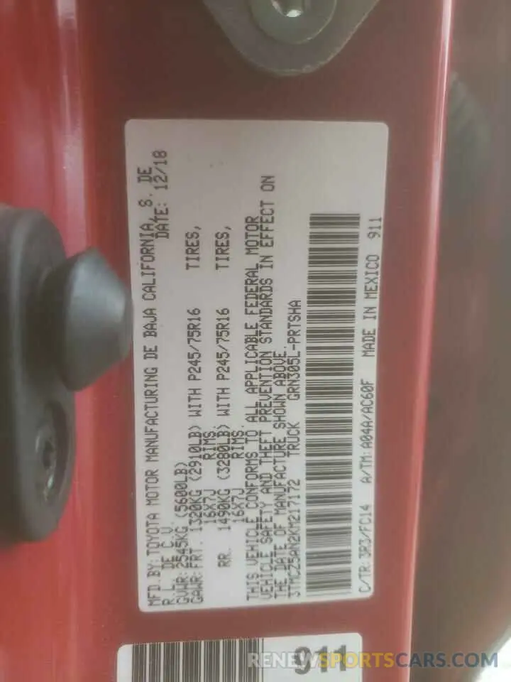 12 fotografías del automóvil dañado 3TMCZ5AN2KM217172 TOYOTA TACOMA 2019