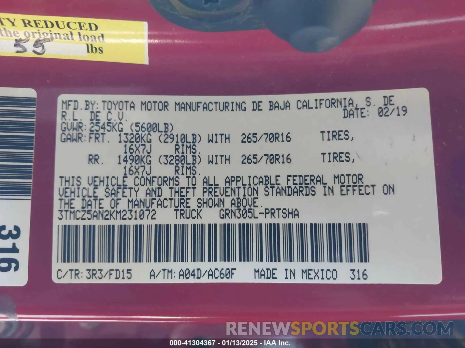 9 fotografías del automóvil dañado 3TMCZ5AN2KM231072 TOYOTA TACOMA 2019