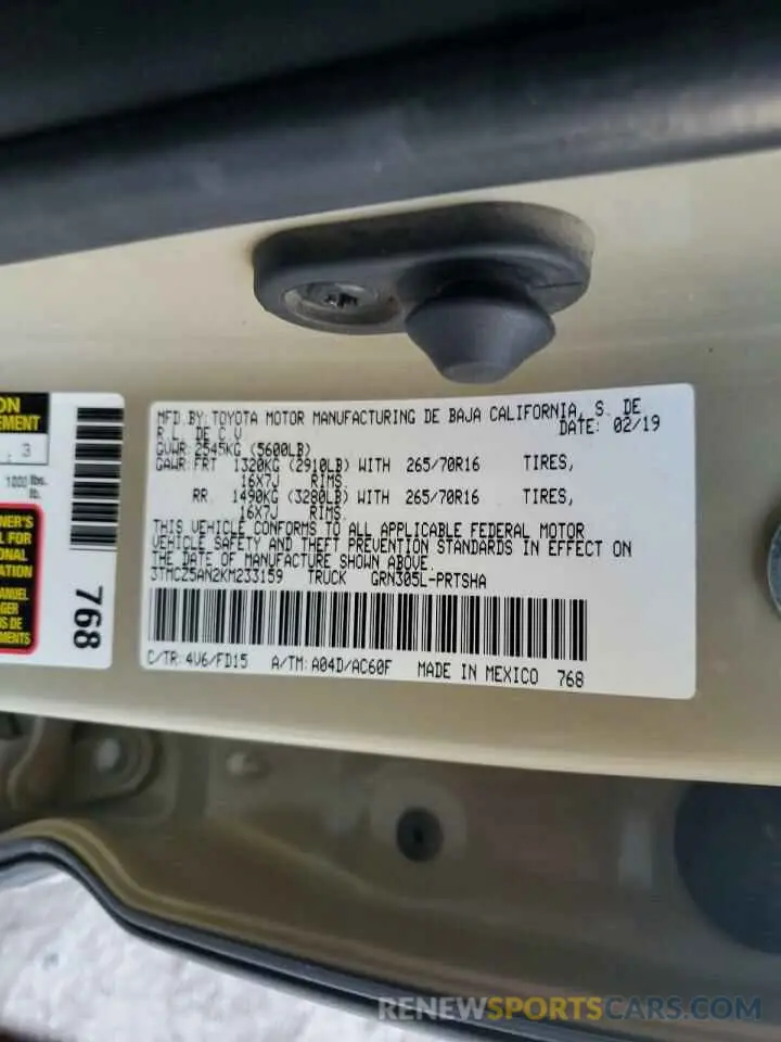 12 fotografías del automóvil dañado 3TMCZ5AN2KM233159 TOYOTA TACOMA 2019