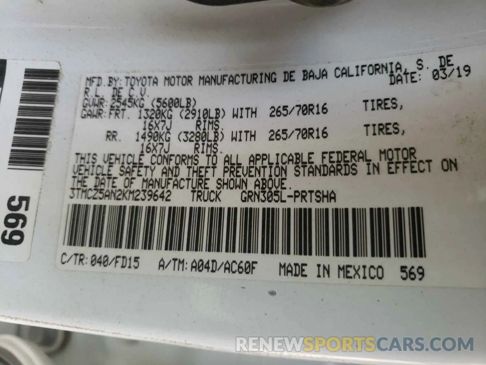 10 fotografías del automóvil dañado 3TMCZ5AN2KM239642 TOYOTA TACOMA 2019