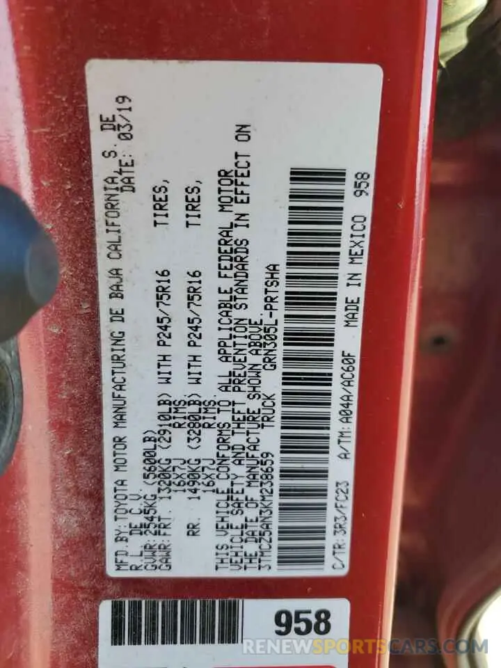 12 fotografías del automóvil dañado 3TMCZ5AN3KM238659 TOYOTA TACOMA 2019