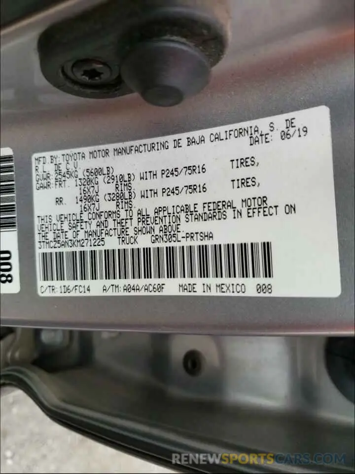 10 fotografías del automóvil dañado 3TMCZ5AN3KM271225 TOYOTA TACOMA 2019