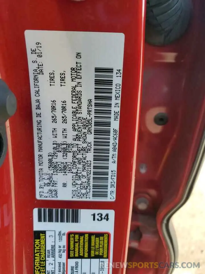 12 fotografías del automóvil dañado 3TMCZ5AN4KM221823 TOYOTA TACOMA 2019