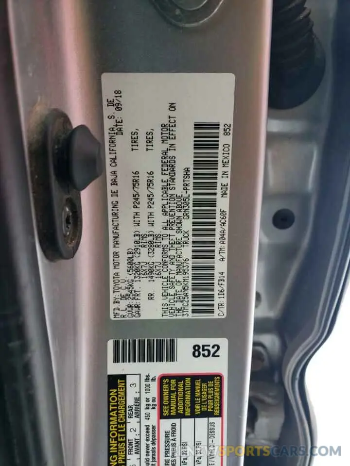 12 fotografías del automóvil dañado 3TMCZ5AN5KM195376 TOYOTA TACOMA 2019