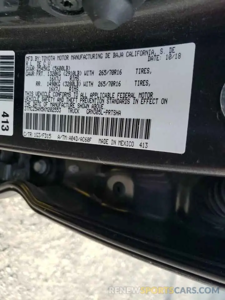 10 fotografías del automóvil dañado 3TMCZ5AN5KM202553 TOYOTA TACOMA 2019