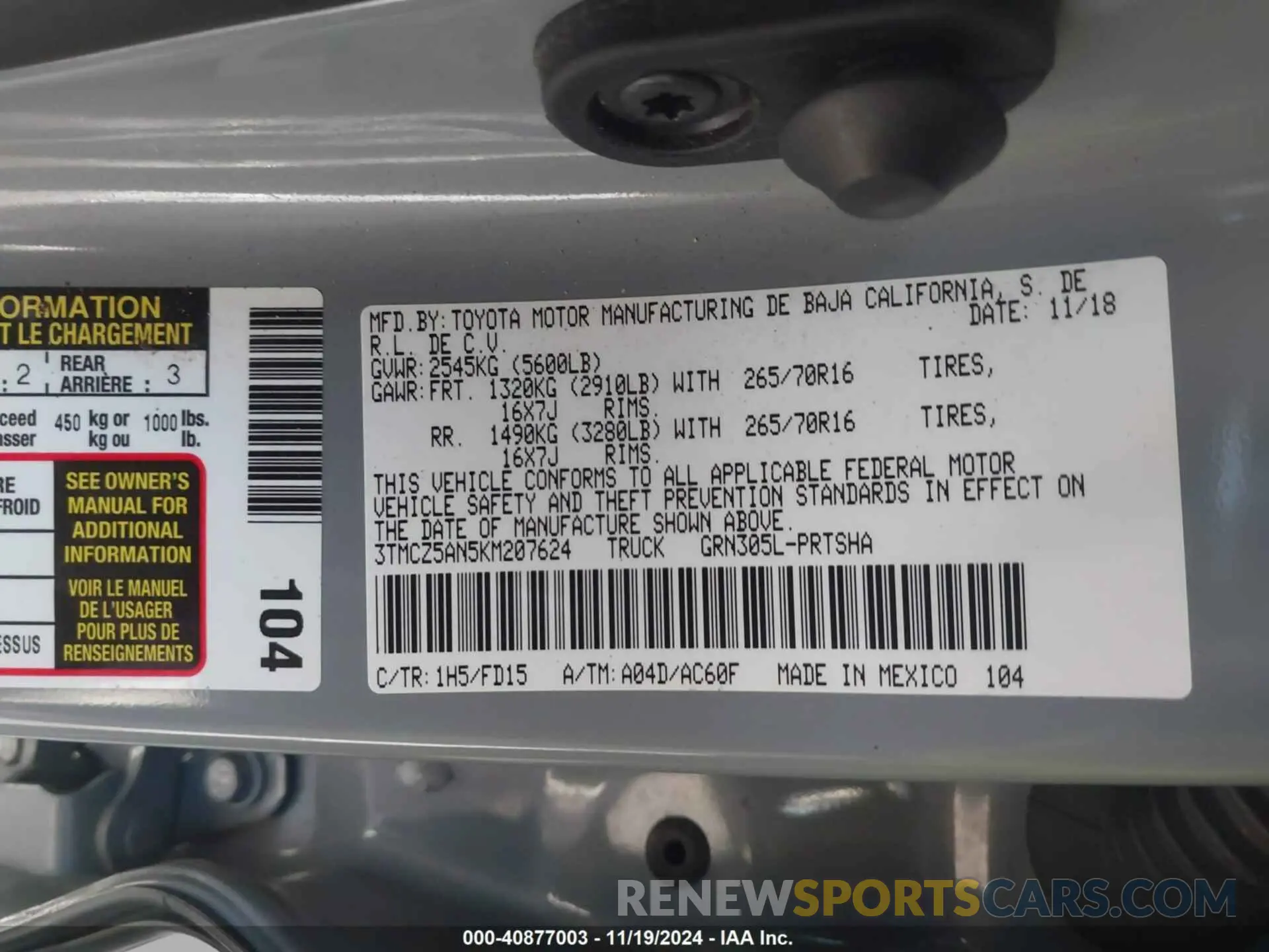 9 fotografías del automóvil dañado 3TMCZ5AN5KM207624 TOYOTA TACOMA 2019