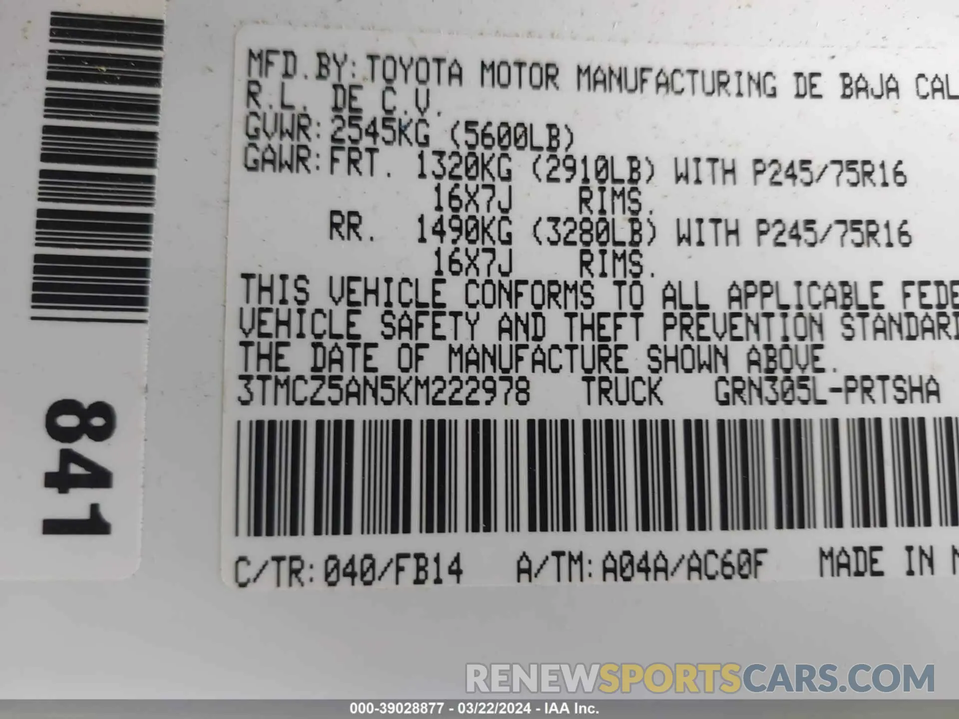 9 fotografías del automóvil dañado 3TMCZ5AN5KM222978 TOYOTA TACOMA 2019