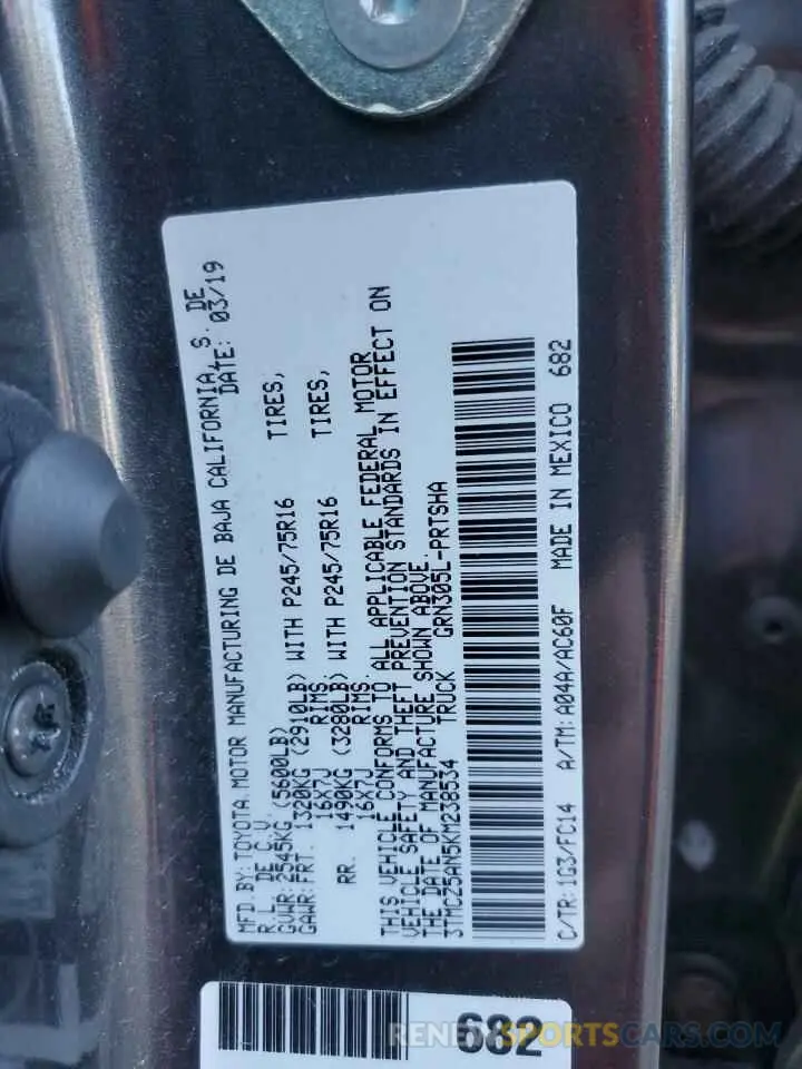 12 fotografías del automóvil dañado 3TMCZ5AN5KM238534 TOYOTA TACOMA 2019