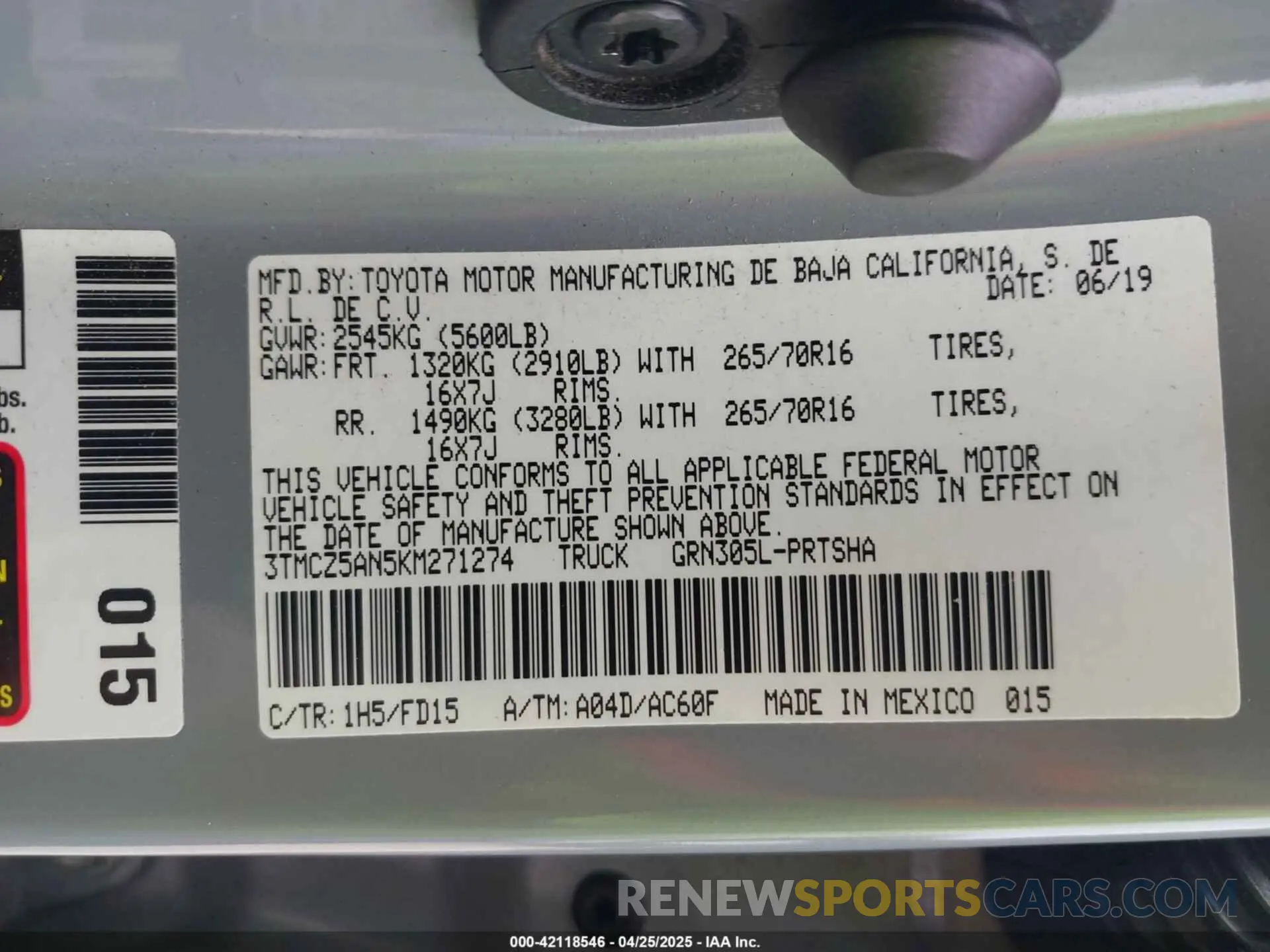 9 fotografías del automóvil dañado 3TMCZ5AN5KM271274 TOYOTA TACOMA 2019