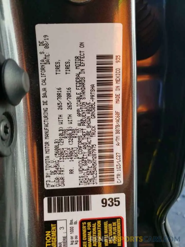 13 fotografías del automóvil dañado 3TMCZ5AN5KM287975 TOYOTA TACOMA 2019