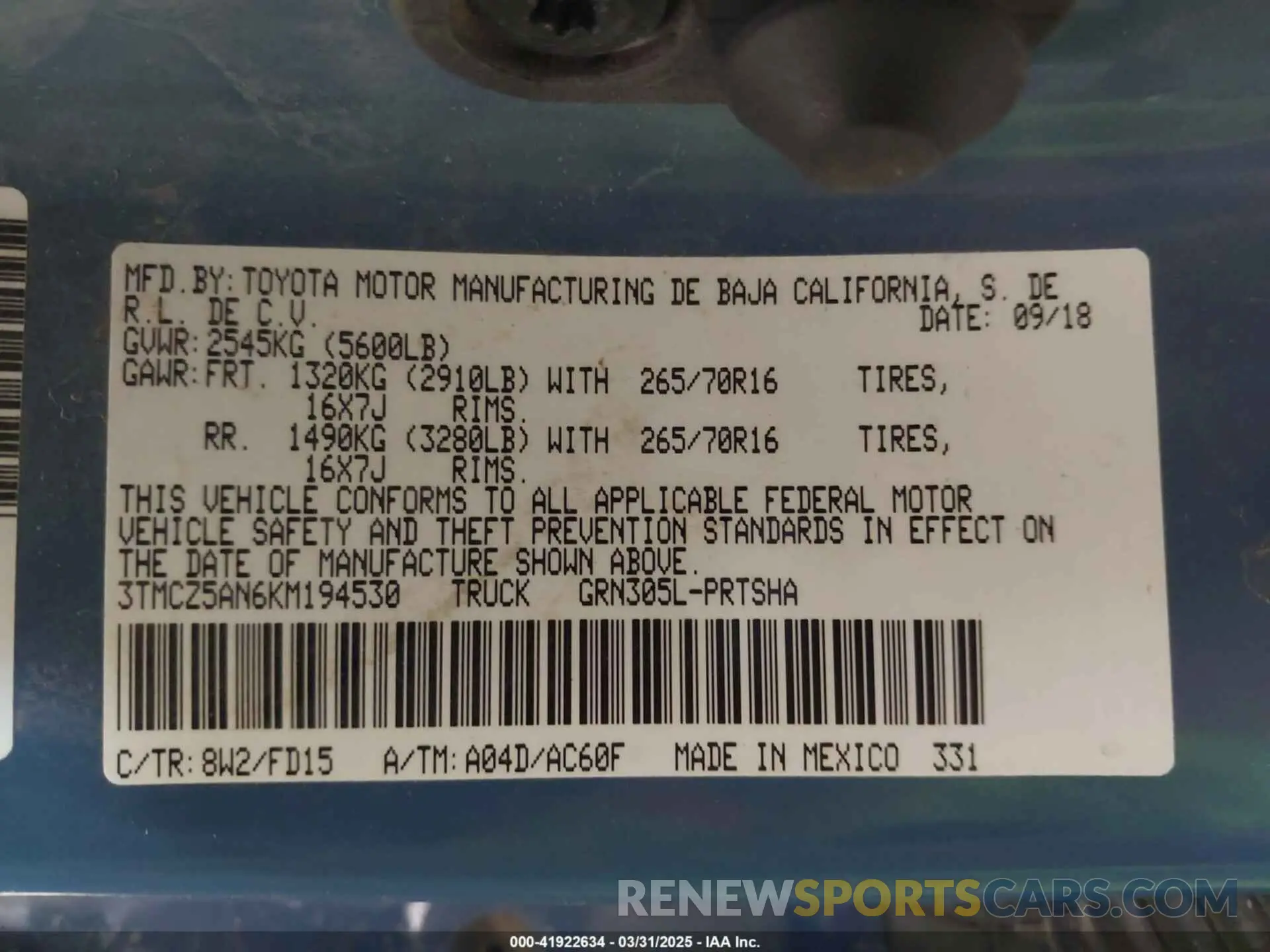 9 fotografías del automóvil dañado 3TMCZ5AN6KM194530 TOYOTA TACOMA 2019