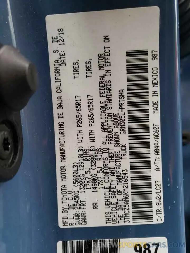 13 fotografías del automóvil dañado 3TMCZ5AN6KM216543 TOYOTA TACOMA 2019