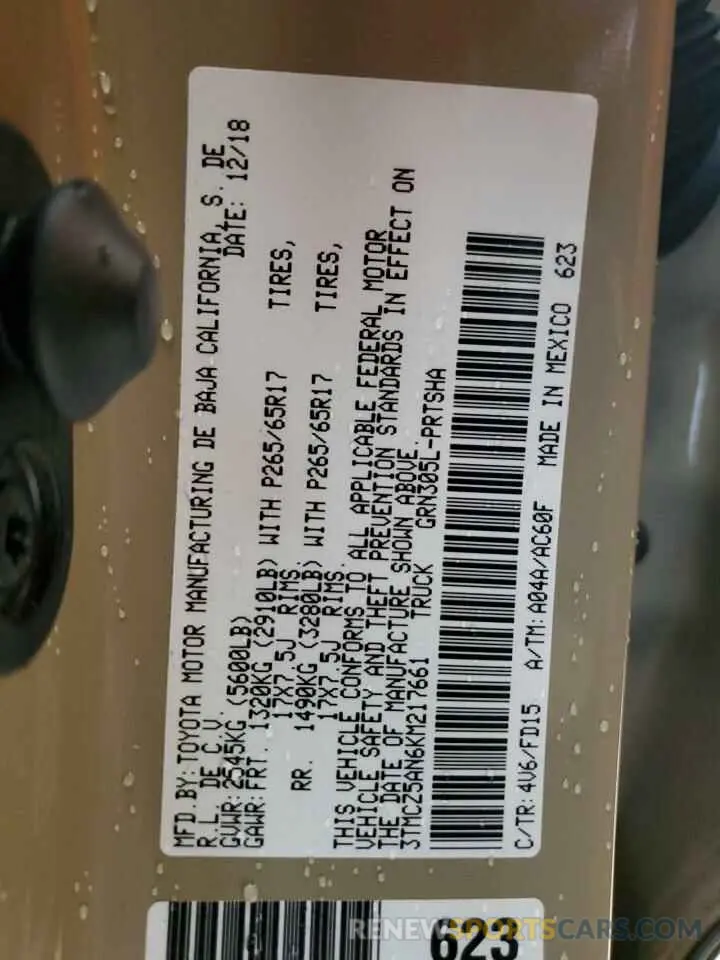 14 fotografías del automóvil dañado 3TMCZ5AN6KM217661 TOYOTA TACOMA 2019