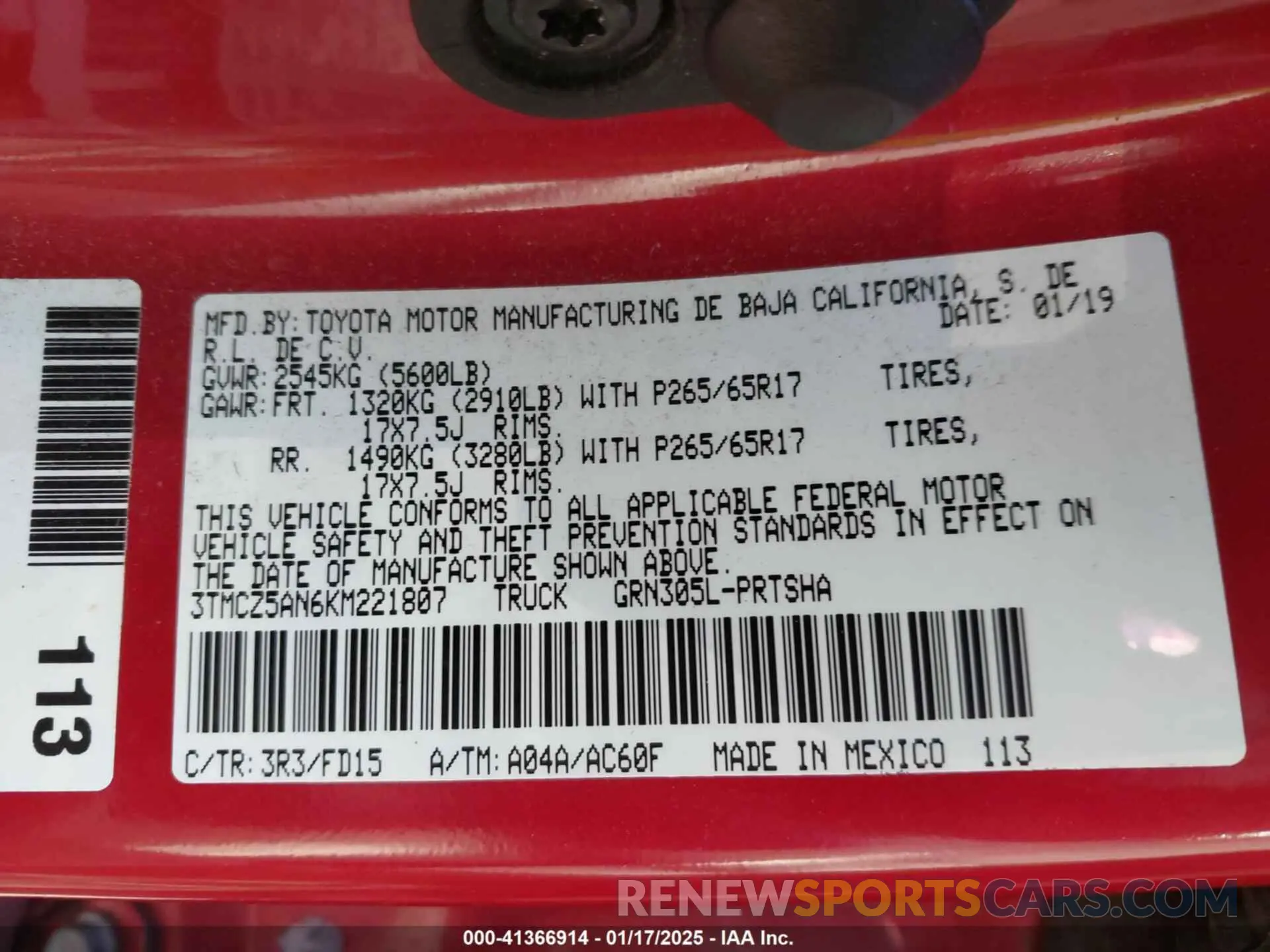 9 fotografías del automóvil dañado 3TMCZ5AN6KM221807 TOYOTA TACOMA 2019