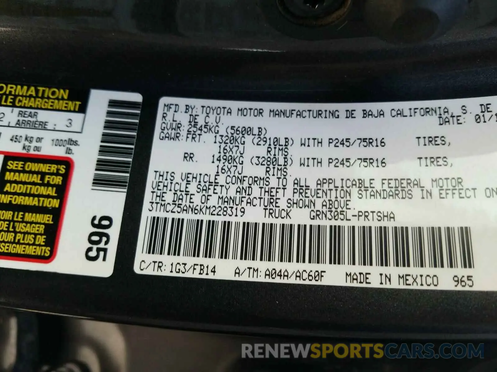 10 fotografías del automóvil dañado 3TMCZ5AN6KM228319 TOYOTA TACOMA 2019