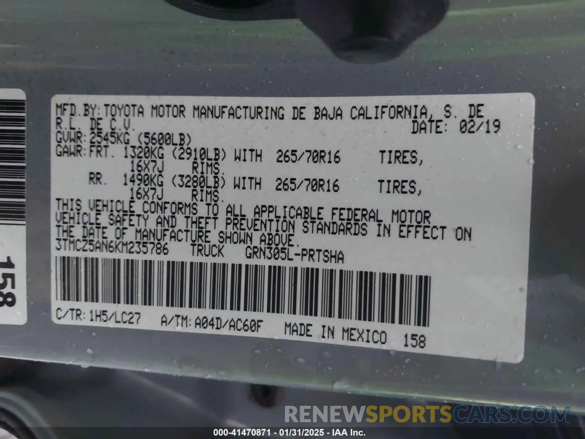 9 fotografías del automóvil dañado 3TMCZ5AN6KM235786 TOYOTA TACOMA 2019