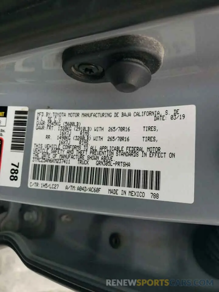 12 fotografías del automóvil dañado 3TMCZ5AN6KM237411 TOYOTA TACOMA 2019