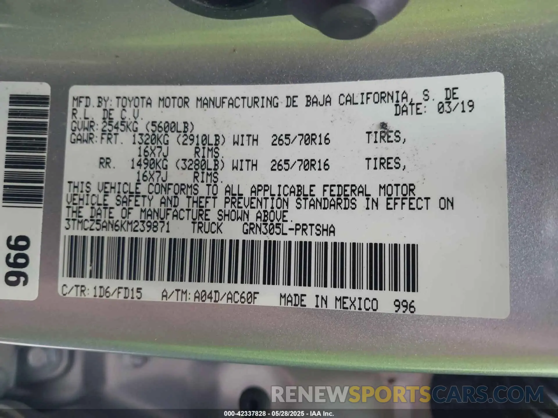 9 fotografías del automóvil dañado 3TMCZ5AN6KM239871 TOYOTA TACOMA 2019