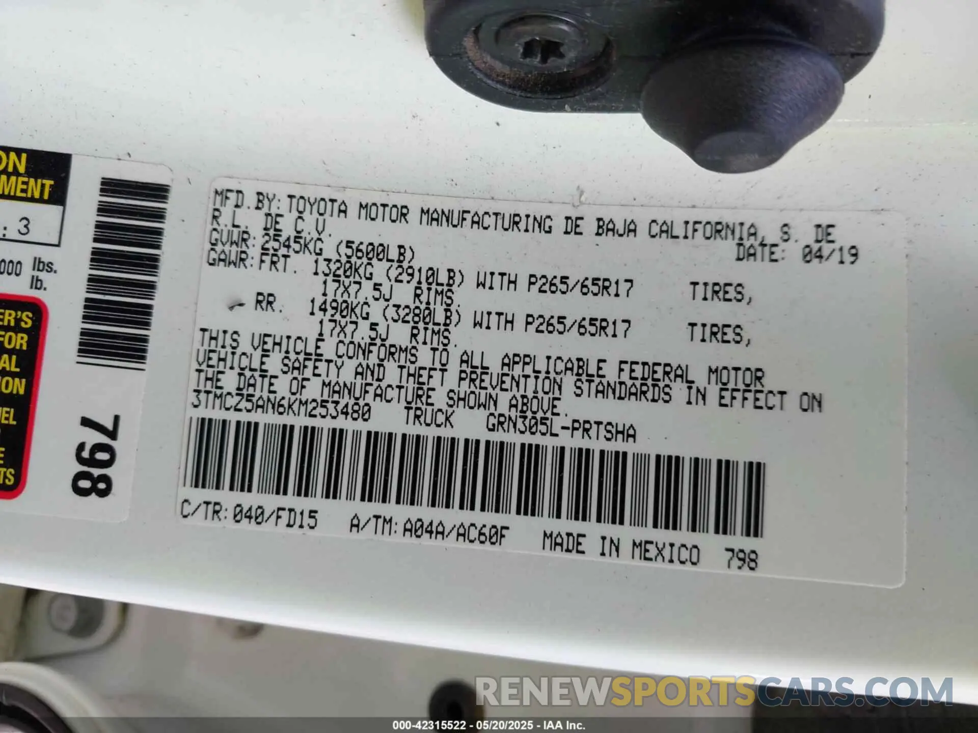 9 fotografías del automóvil dañado 3TMCZ5AN6KM253480 TOYOTA TACOMA 2019