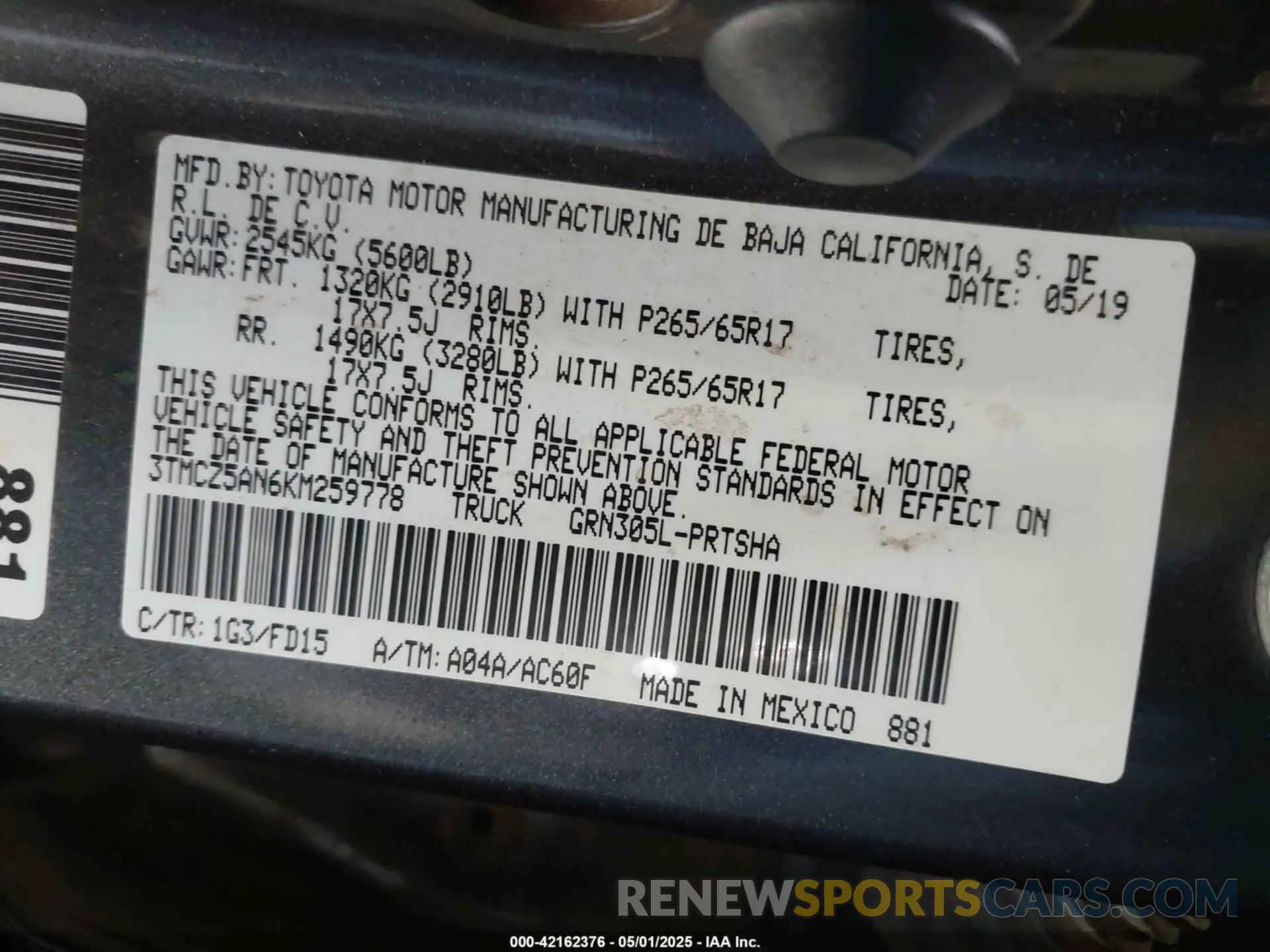 9 fotografías del automóvil dañado 3TMCZ5AN6KM259778 TOYOTA TACOMA 2019