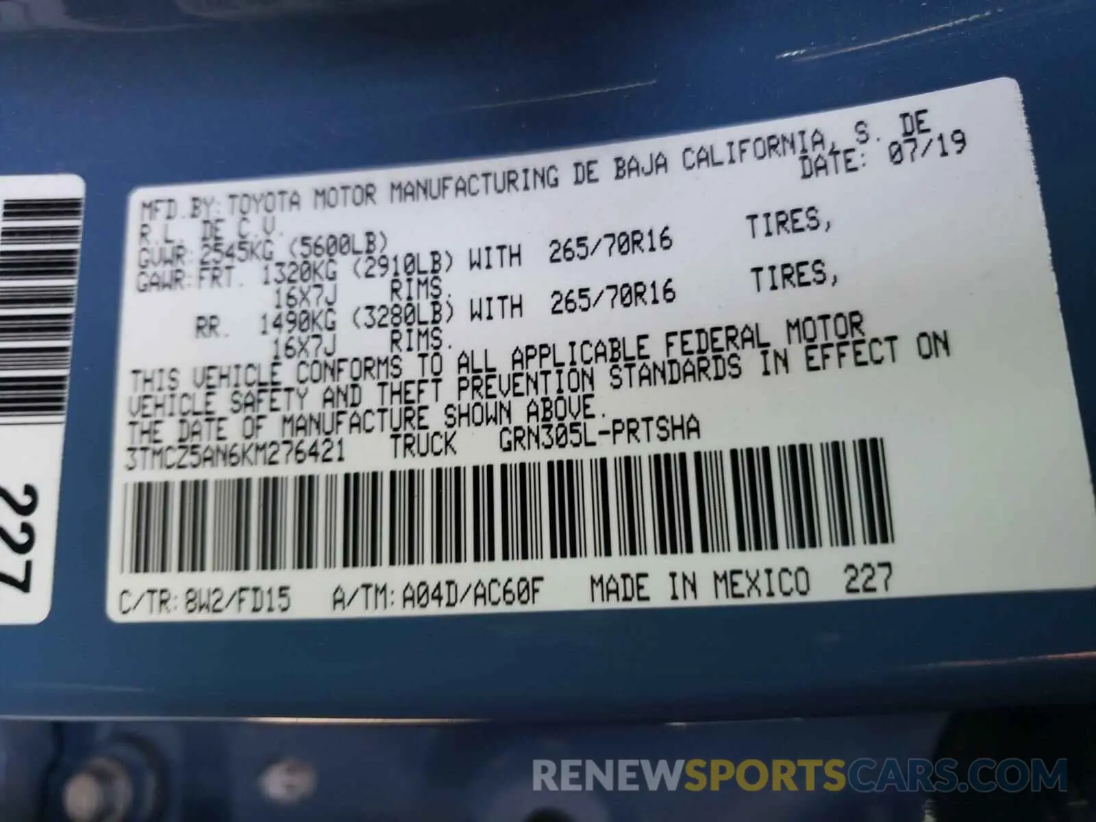 10 fotografías del automóvil dañado 3TMCZ5AN6KM276421 TOYOTA TACOMA 2019