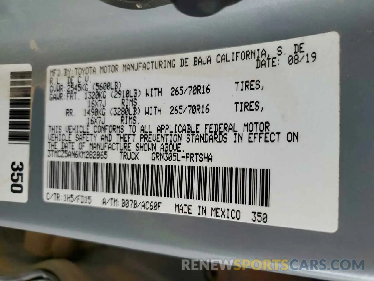 12 fotografías del automóvil dañado 3TMCZ5AN6KM282865 TOYOTA TACOMA 2019
