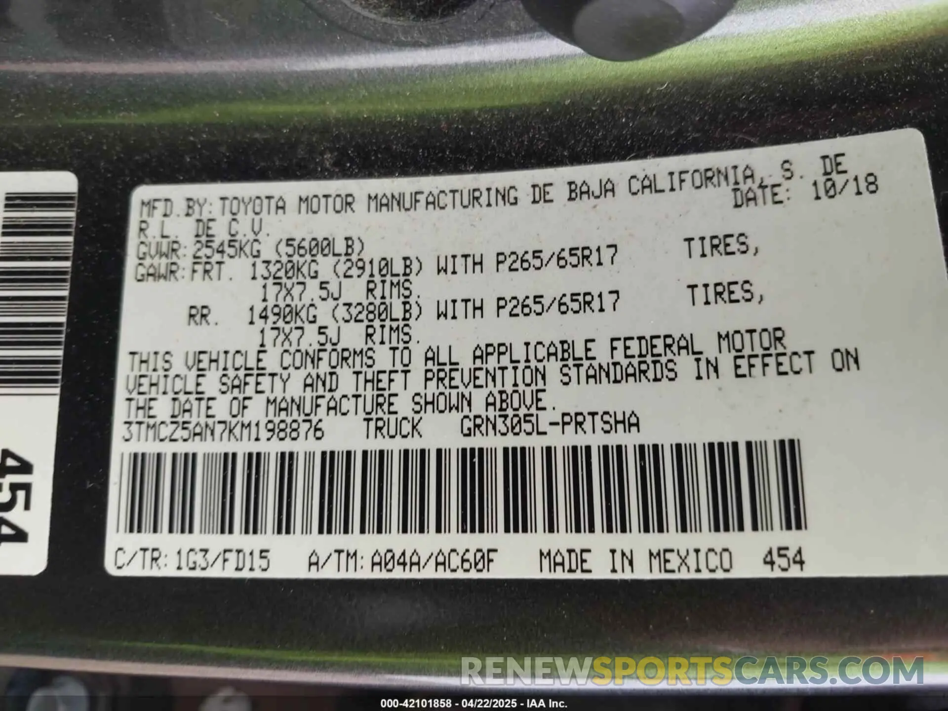 9 fotografías del automóvil dañado 3TMCZ5AN7KM198876 TOYOTA TACOMA 2019