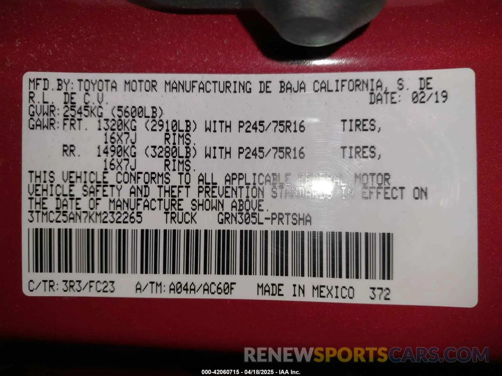 9 fotografías del automóvil dañado 3TMCZ5AN7KM232265 TOYOTA TACOMA 2019