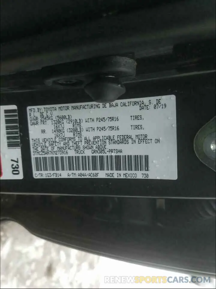 10 fotografías del automóvil dañado 3TMCZ5AN7KM273916 TOYOTA TACOMA 2019