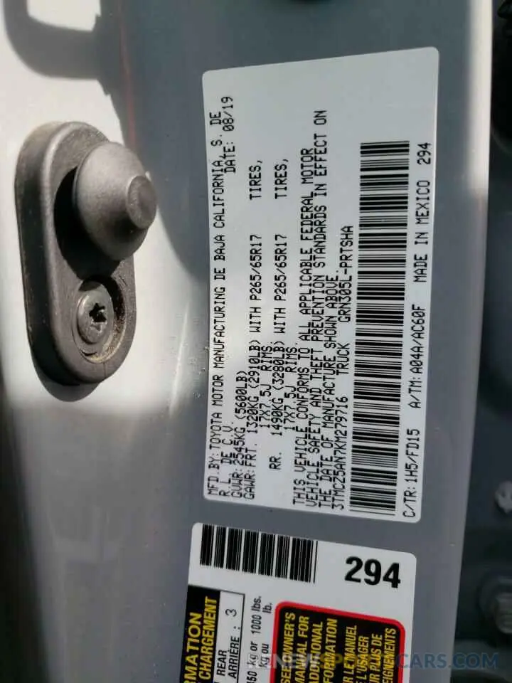 12 fotografías del automóvil dañado 3TMCZ5AN7KM279716 TOYOTA TACOMA 2019