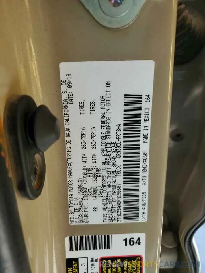 12 fotografías del automóvil dañado 3TMCZ5AN8KM190687 TOYOTA TACOMA 2019